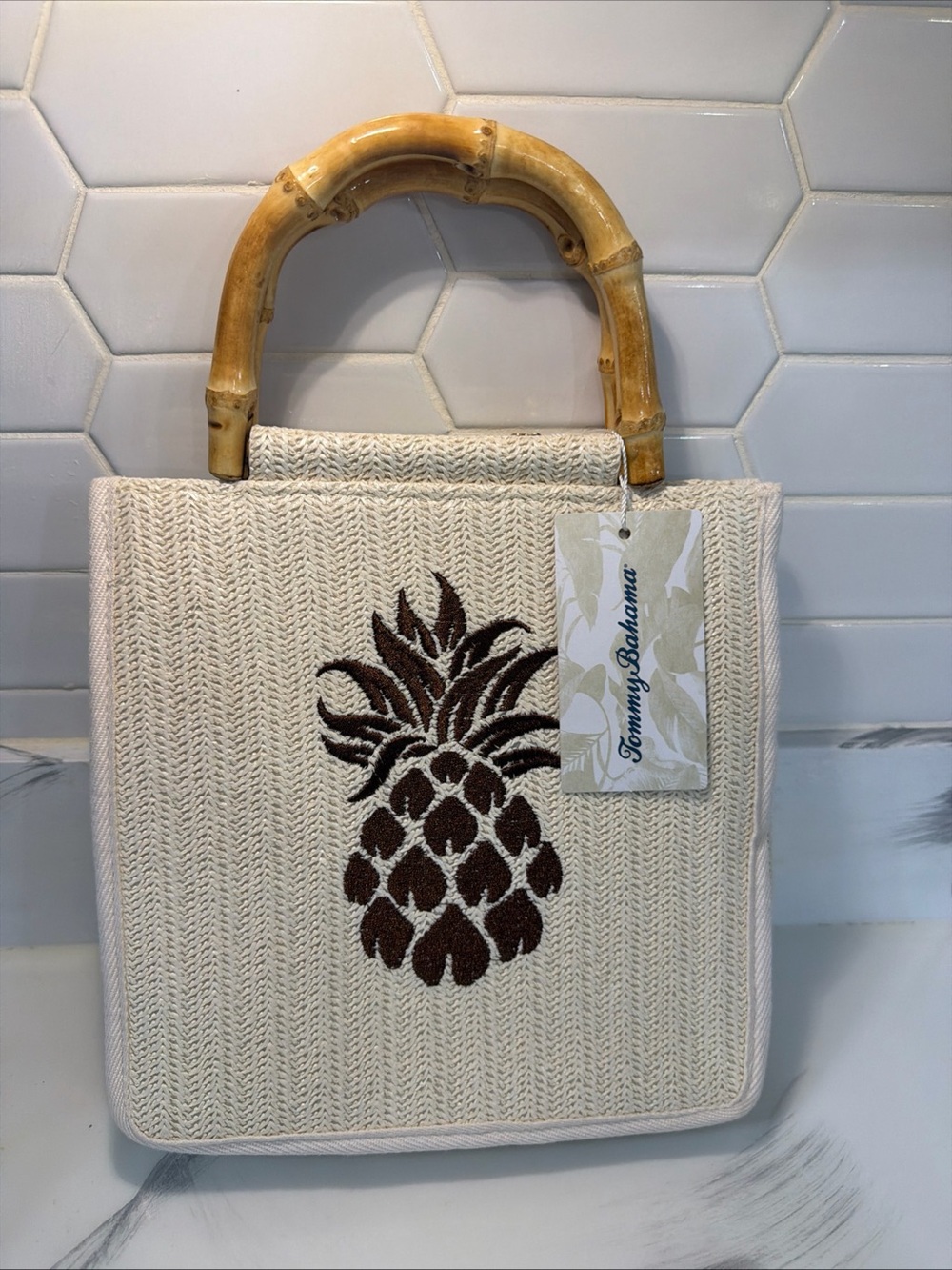 Tommy Bahama Cream Tote with Brown Pineapple Accent and Bamboo Handles